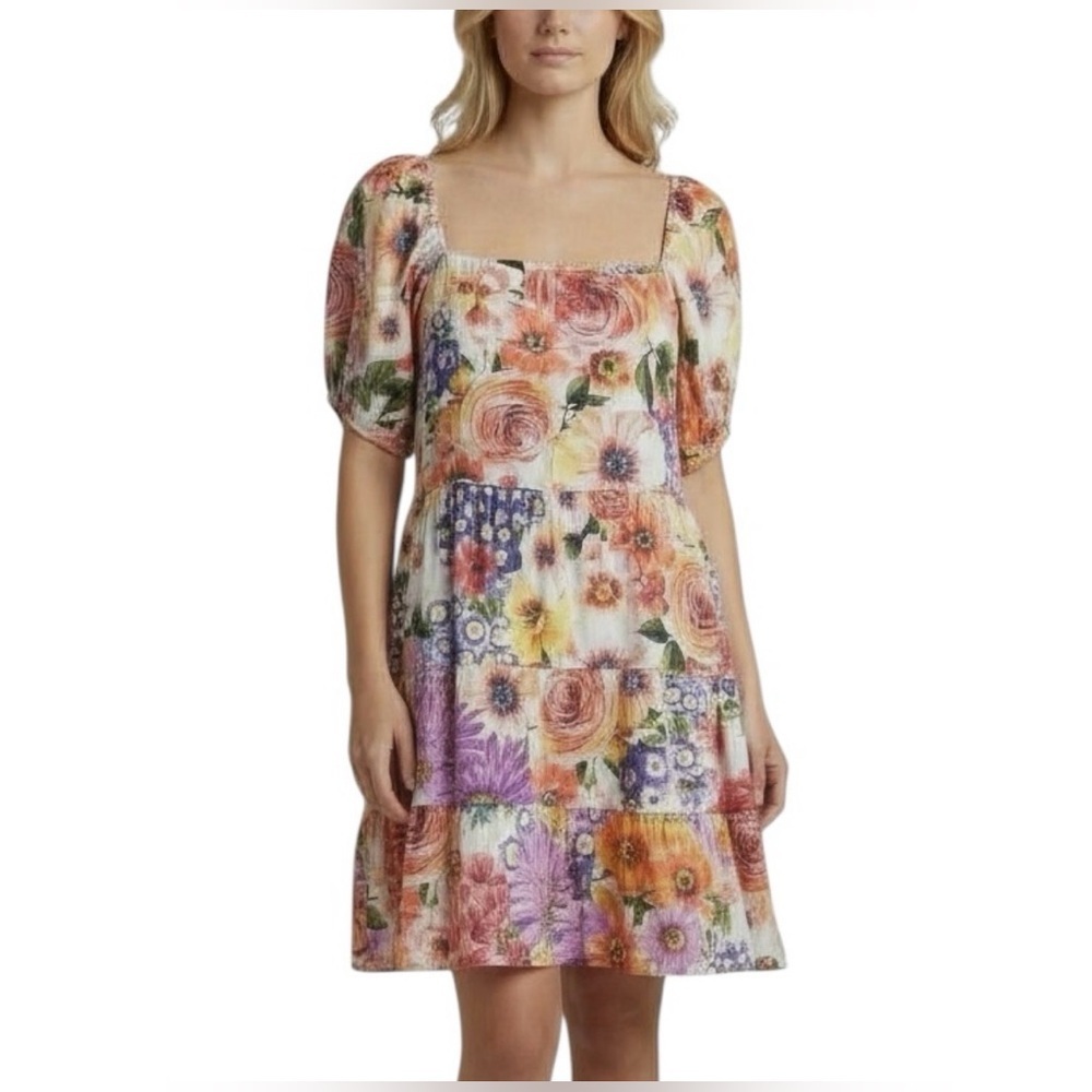 Express Floral Spring Meadow Tiered Cotton Blend Mini Dress with Smocked Back XL